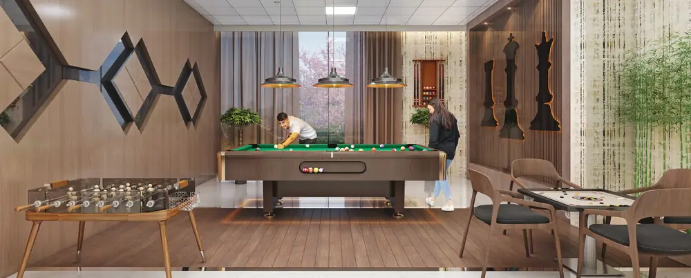Indoor games room with billiards table