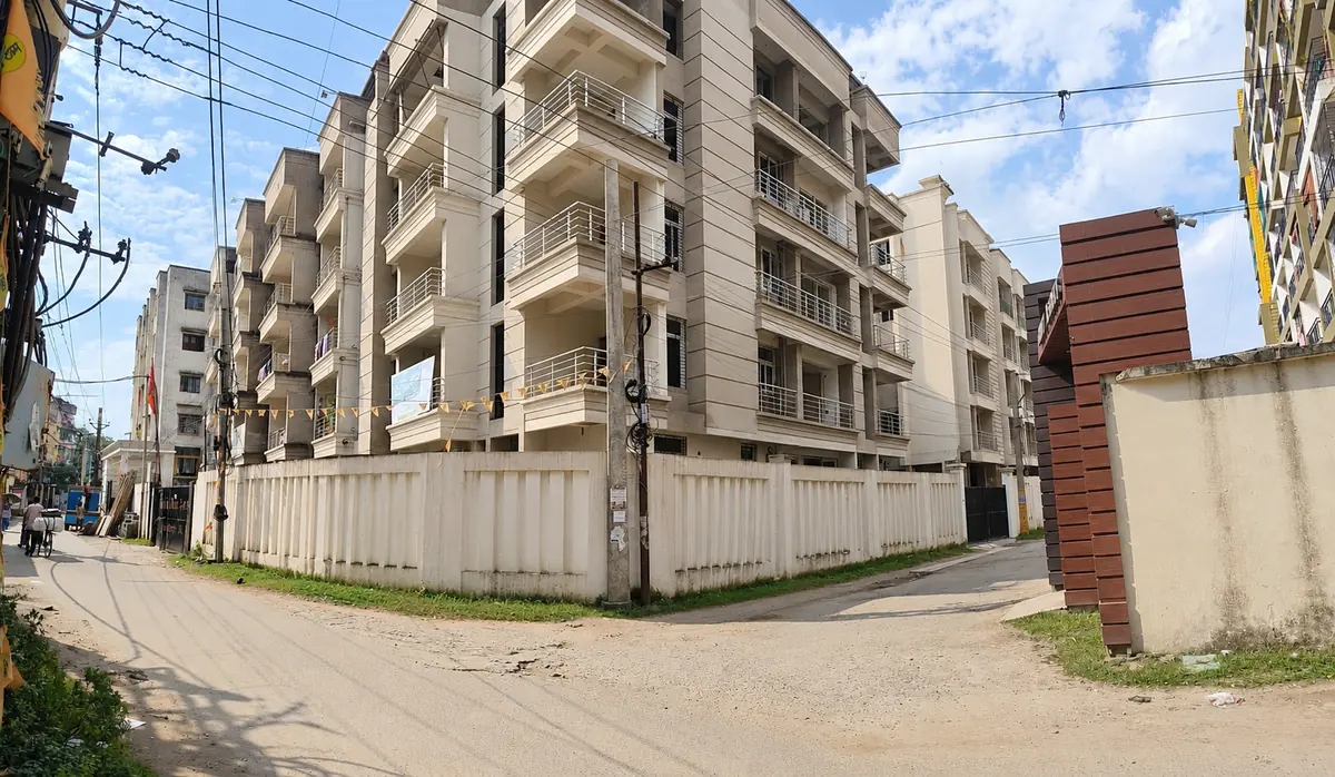 The building seen from the road corner
